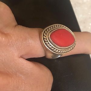 Red coral cabochon sterling silver ring.